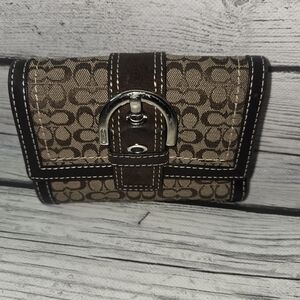 Coach Brown Signature Canvas Tri-Fold Wallet w/ Buckle Tab – Leather Trim